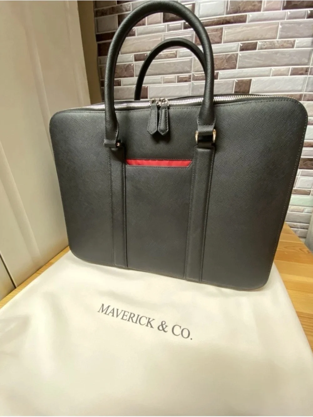 Maverick & Co Manhattan Double Zip Leather Briefcase Black/Red